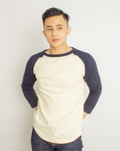 Load image into Gallery viewer, Japanese Heavyweight Raglan 3/4 Sleeve Tee Unisex (Almond + Dark Blue Sleeve)